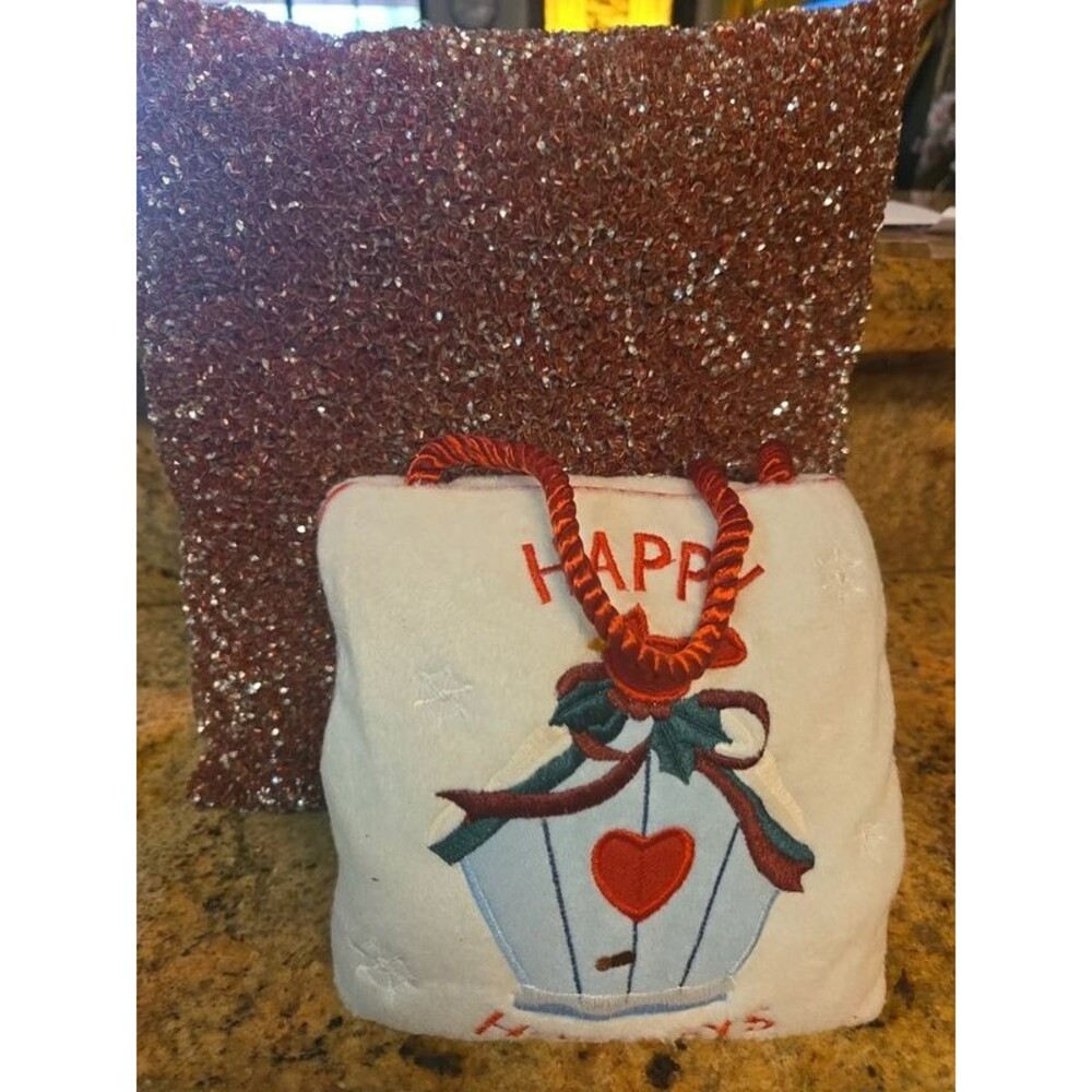 Vintage Christmas Hanging Mini Pillow Decor - Embroidered Cardinal Bird House